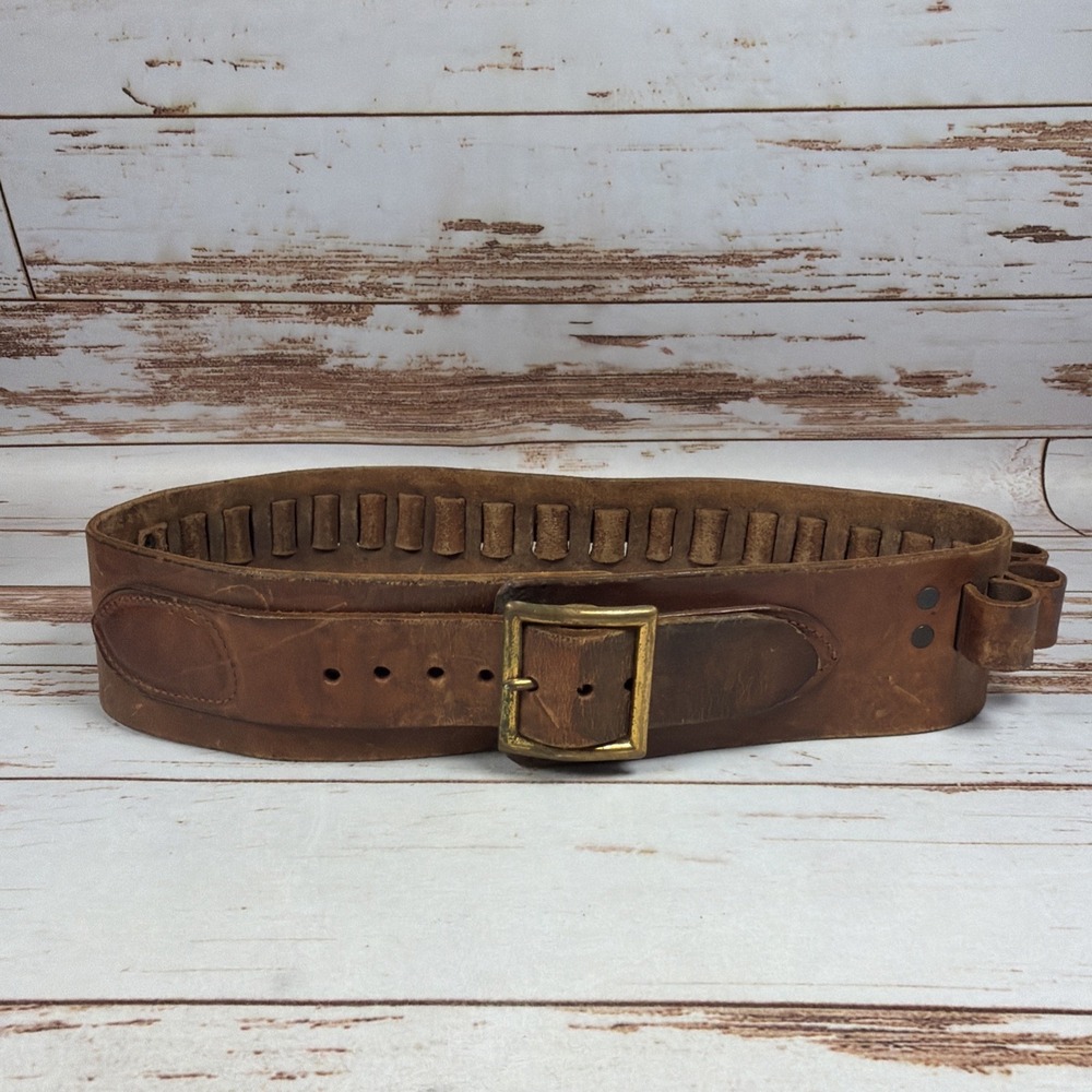 Idaho Leather Mens Brown Leather Ammo Belt 34 Holds 20 Rounds USA